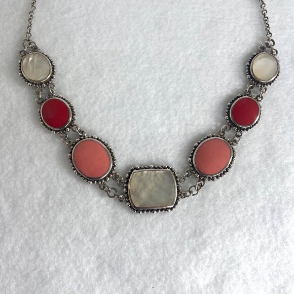 Sterling Silver 925 Chunky Mother Of Pearl Pink Red Rolo Chain Panel Necklace - Picture 6 of 16